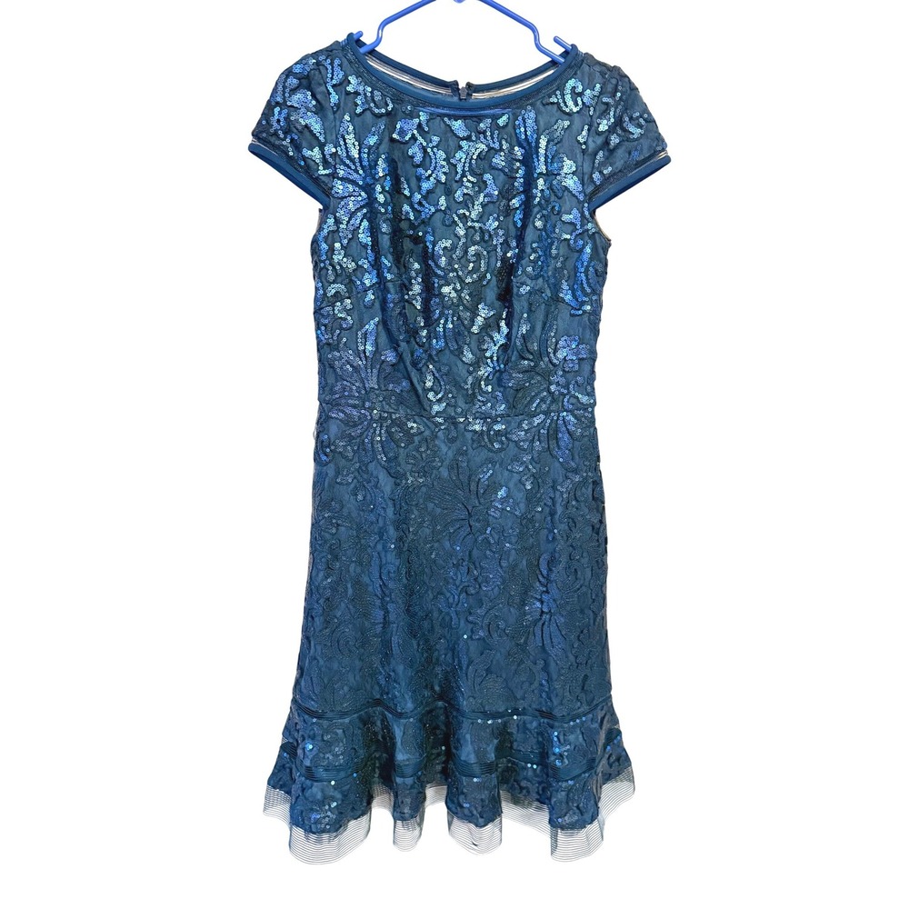 Tadashi Shoji Teal Sequin Lace Ruffle Cocktail Evening Glam Dress 6 NEW Mermaid